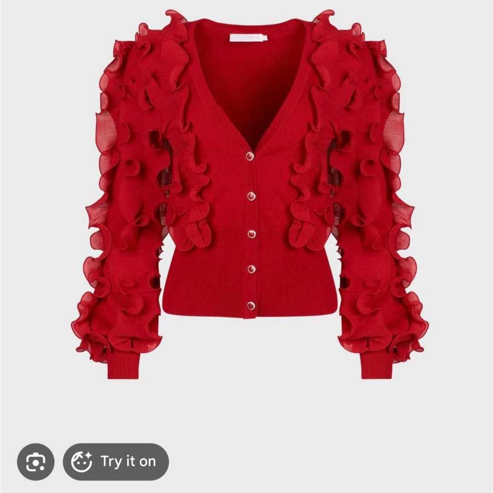 Anne Fontaine Celine Cardigan Elegant Red Ruffle Sweater, size 12 or 44 Parisian - Picture 2 of 6